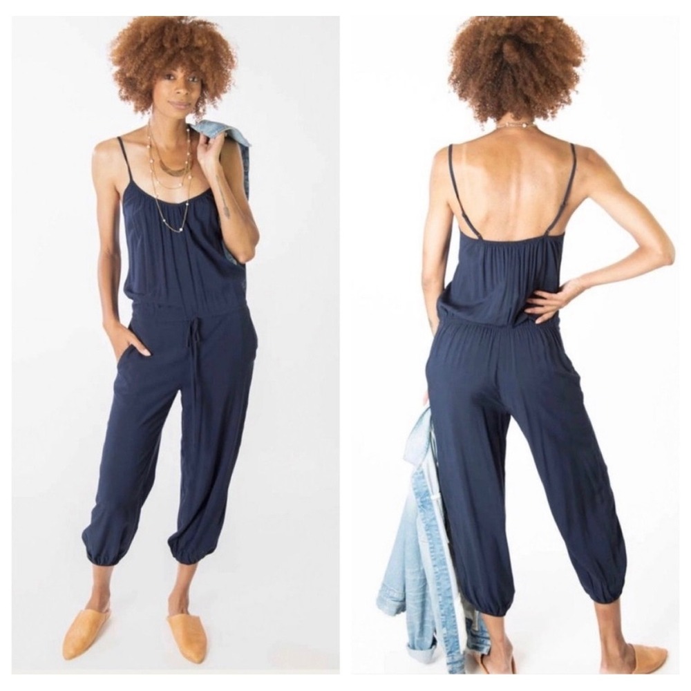 TYSA Jumpsuit Claudette  0 Navy Blue Spaghetti Strap Drawstring Waist Boho Chic